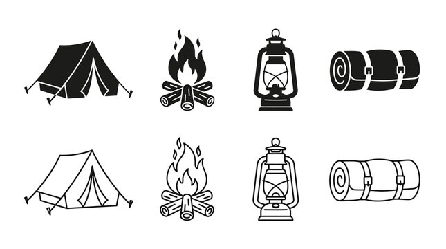 Set of camping icons, tent, campfire, lantern and sleeping bag