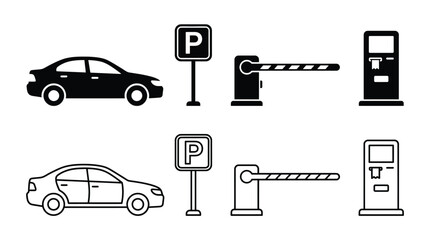 Car parking icons set parking lot elements including car, parking sign, barrier, and ticket machine in solid and outline styles © PixelAura_Studio