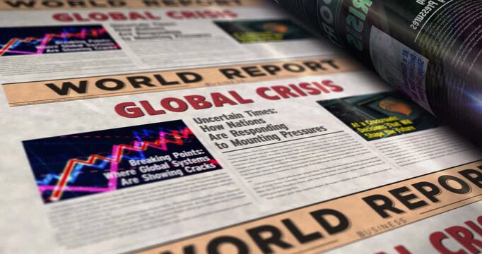 Global crisis daily news newspaper roll printing. Abstract concept retro headlines 3d seamless looped.