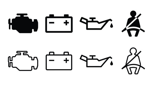 Set of car dashboard warning icons, including check engine, battery, oil pressure, and seat belt indicators