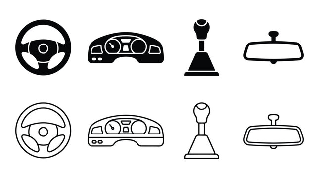 Set of car interior icons steering wheel, dashboard, gear shift, and rearview mirror