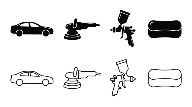 Car detailing and maintenance icons set, including car, polisher, spray gun and sponge