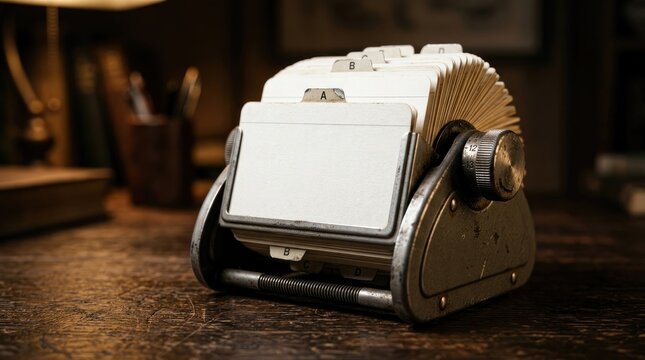 Vintage rolodex card file with blank cards on wooden desk retro office supplies selective focus