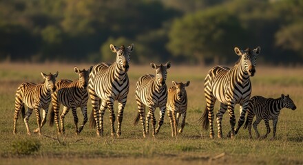 Naklejka premium Striking Group of Zebras Grazing in African Savanna.