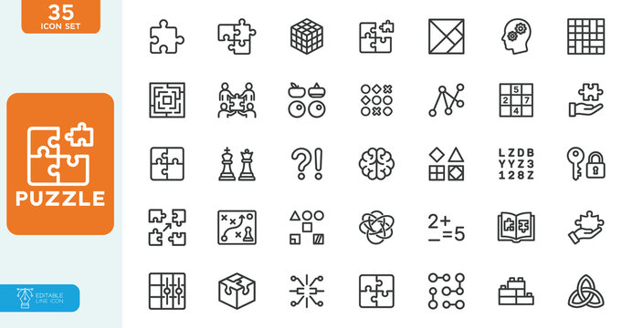 Puzzle line Vector illustration Editable Icons set. Vector illustration in modern thin line style of unity concept related icons: teamwork, connection, community, solution, and more. 