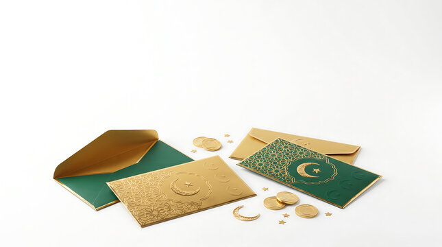 Islamic money envelopes with coins and crescent moon for Eidi and Ramadan gifts.