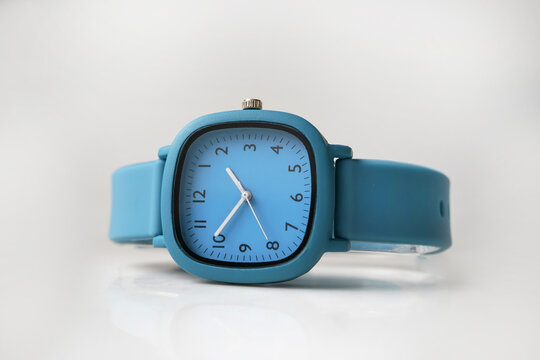 Blue Minimalist Wristwatch isolated on White Background