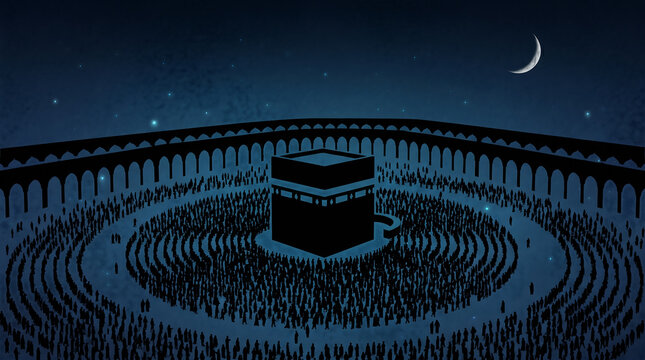 Kaaba in Mecca silhouette with crowd performing Tawaf at night.
