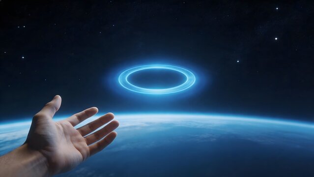 Human hand reaching for glowing ring in space