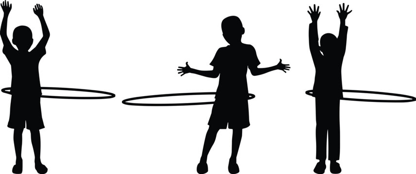 Vector illustration of children playing with hula hoops, exercise, fun, fitness, activity, motion, childhood, health, and recreation
