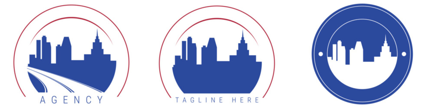 Stylized circular city skyline logo designs with modern urban elements and road graphics. Ideal for agency branding, corporate identity or real estate marketing.