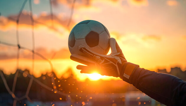 Goalkeeper stretching to tip the ball over the bar with intense focus and energy sparks against a dramatic sunset background generative AI