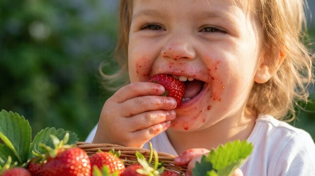 Happy child with messy face eating fresh red strawberry from a basket in a summer garden