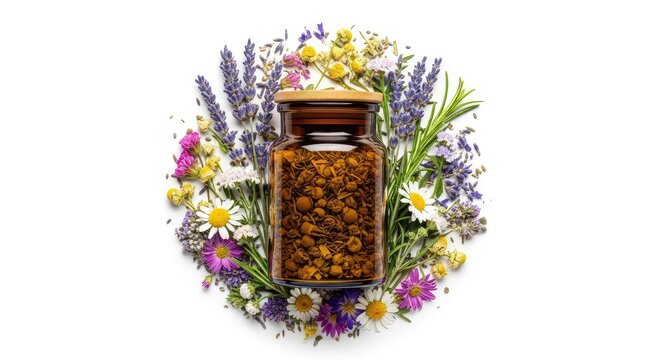 Un frasco de vidrio &aacute;mbar con tapa de madera rodeado de hierbas secas y flores naturales sobre un fondo blanco puro, medicina org&aacute;nica, dropper, preparation, treatment