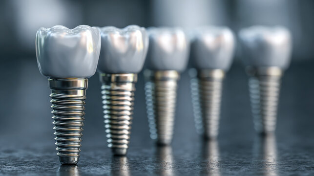 Row of dental implants with artificial teeth showcasing modern tooth replacement options and advanced oral restoration technology on reflective surface