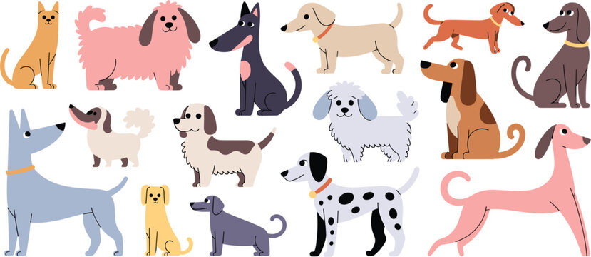 Cute dog breeds set illustration, cartoon puppies collection, domestic pet characters in various styles