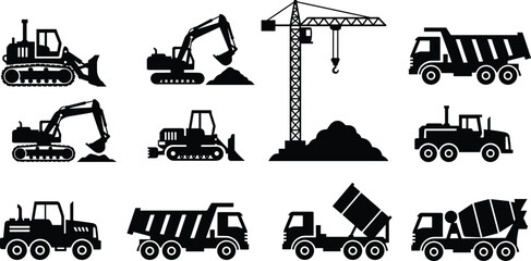 Vector illustration of construction vehicles silhouettes including excavator, crane, bulldozer, dump truck, cement mixer, heavy machinery, industrial equipment icons © MDMAHOMUDUL