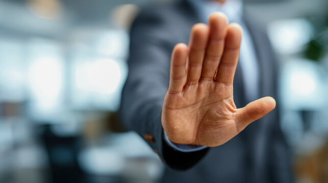 Business professional in suit making a stopping gesture with open palm extended forward during office meeting or conversation with blurred background