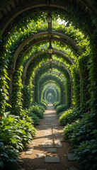 Fototapeta premium Lush green garden tunnel with stone pathway and hanging lanterns archway greenery plants