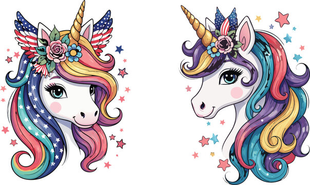 Colorful unicorn heads with rainbow manes and stars on white background
