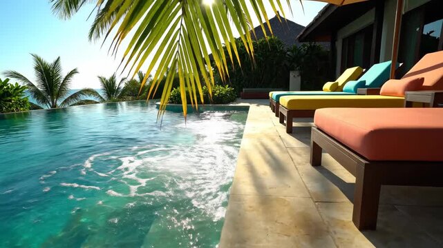 Luxury infinity pool overlooking the ocean at a tropical resort. Colorful sun loungers on a deck with palm trees. Summer vacation paradise with sea view