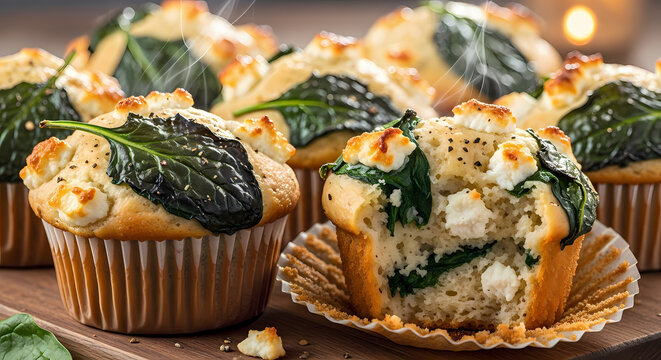 Savory spinach and feta cheese muffins on wood.