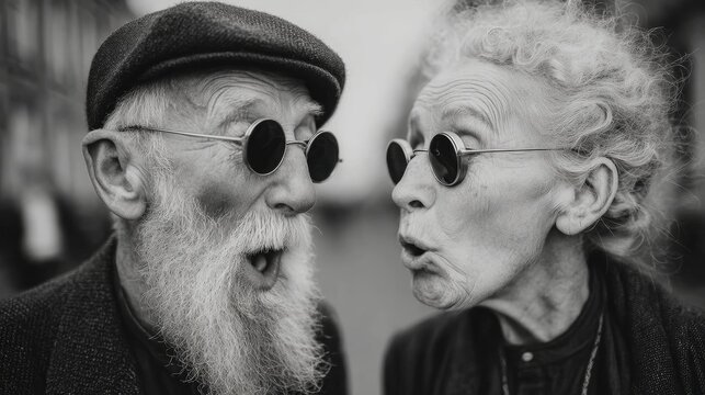 Playful elderly couple in black and white portrait sharing a surprised, joyful moment on a city street