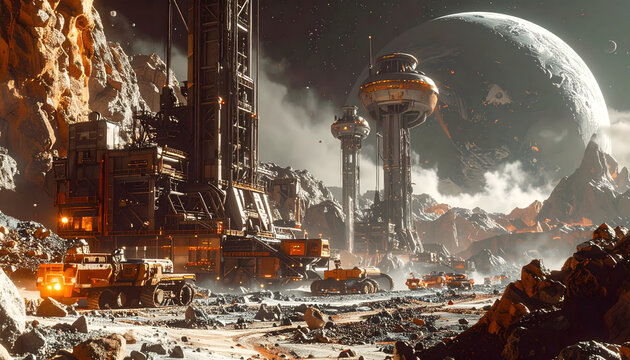 Mining colony on a jagged asteroid featuring giant drills kicking up glowing mineral dust with a massive gas giant planet generative AI
