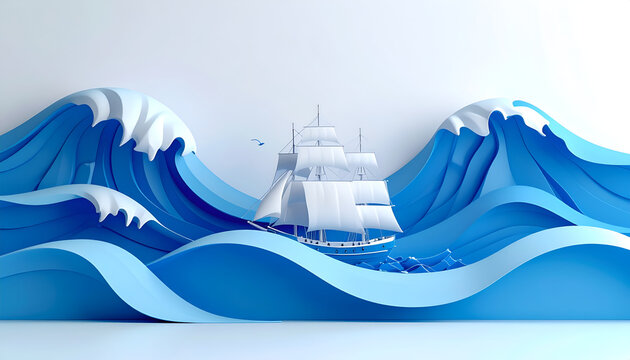 Paper Ship Navigating Through Stylized Blue Waves.