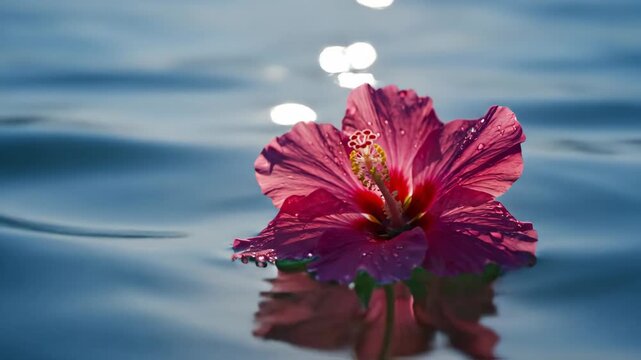 Pink hibiscus flower floating on water. Digital painterly style with pixelated texture and glitch effect. Tropical bloom on blue water surface with sunlight reflections