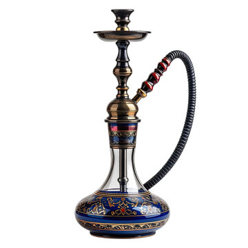 A detailed studio shot showcases an ornate, antique-style hookah against a stark black background, highlighting its intricate design and metallic finishes.