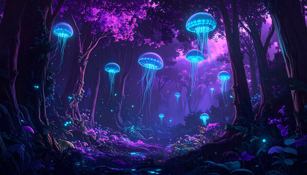 Enchanting Bioluminescent Forest with Floating Jellyfish-like Flora.