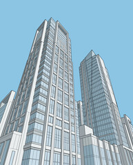 Obraz premium Tall architectural building with glass windows and modern facade shown from a low angle perspective against a simple blue background in flat vector style