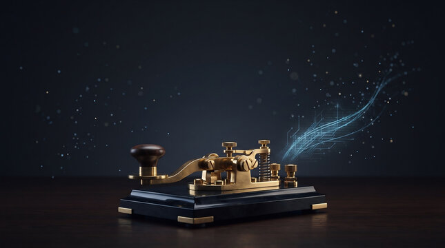 Antique Golden Morse Code Telegraph Key Emitting Magical Blue Light Particles and Energy Waves