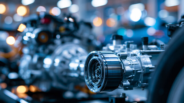 Detailed view of an internal combustion engine and 4x4 drivetrain mounted on a vehicle frame showing complex mechanical components and engineering. Defocused background. Engine