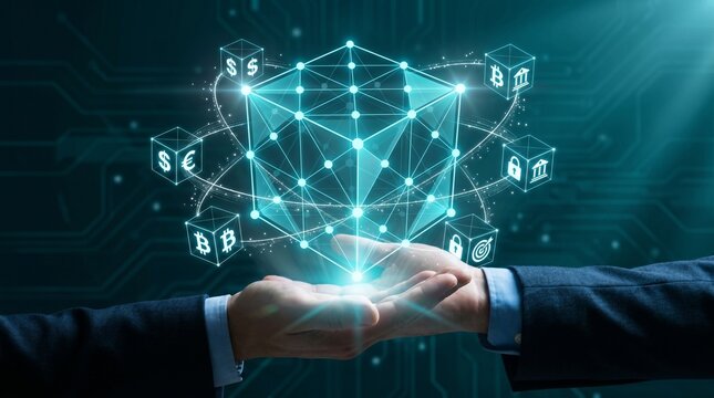 Business partnership shaking hands with glowing blue cryptocurrency and finance symbols floating above