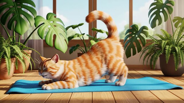 Animated orange tabby cat stretching on yoga mat in sunny room. Funny pet fitness and wellness concept