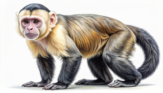 Realistic colored pencil illustration of a capuchin monkey