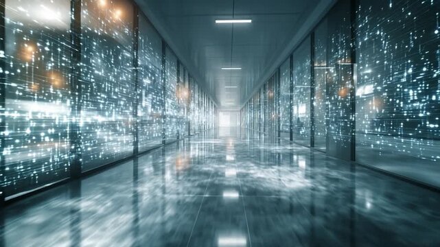Data Center corridor: A state-of-the-art data center corridor, with lines of servers reflected on glass walls, showcases the depth of modern technology.
