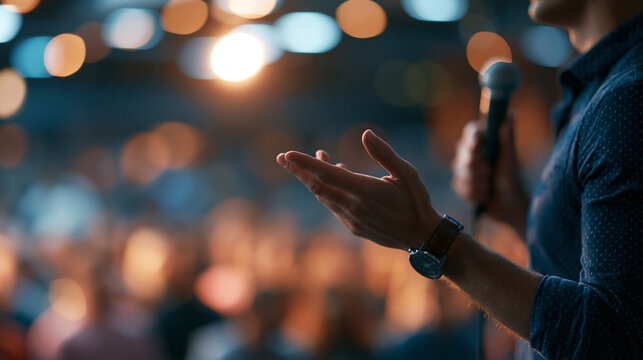 Faceless comedian performing an improv comedy show for a spontaneous and live entertainment concept. Defocused audience background. Improv comedian, live performance, spontaneous