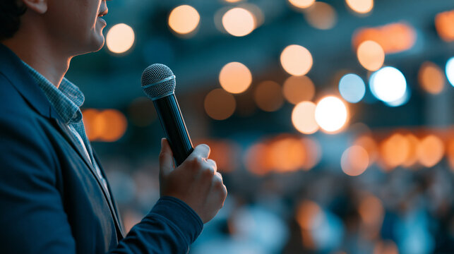 Faceless comedian performing an improv comedy show for a spontaneous and live entertainment concept. Defocused audience background. Improv comedian, live performance, spontaneous