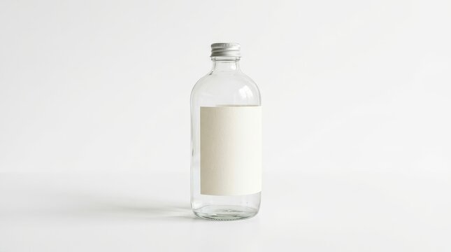 Clear glass bottle with white label on clean white background
