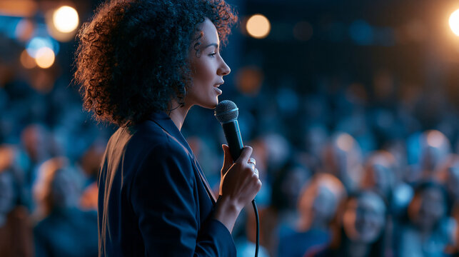 Faceless person with curly hair holding a microphone while performing stand-up comedy on stage with a diverse audience laughing together in a dark club. Defocused audience