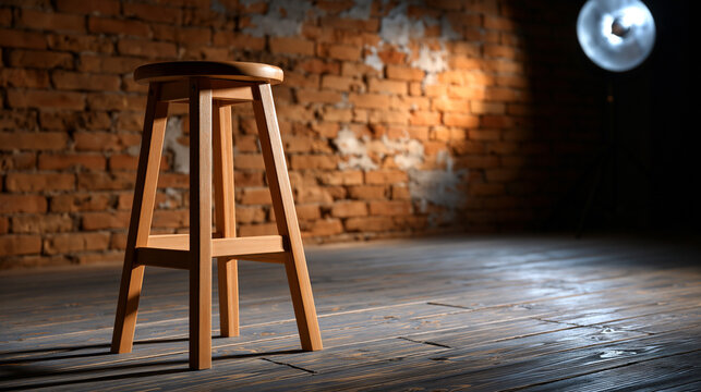 Empty stand-up comedy stage with a bar stool, brick wall, wooden floor, and reflector spotlight for a venue concept. Empty stage stool, brick wooden floor, reflector spotlight,