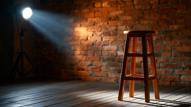 Empty stand-up comedy stage with a bar stool, brick wall, wooden floor, and reflector spotlight for a venue concept. Empty stage stool, brick wooden floor, reflector spotlight,