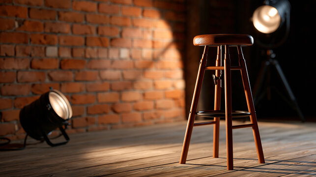 Empty stand-up comedy stage with a bar stool, brick wall, wooden floor, and reflector spotlight for a venue concept. Empty stage stool, brick wooden floor, reflector spotlight,