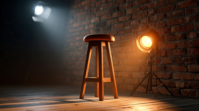 Empty stand-up comedy stage with a bar stool, brick wall, wooden floor, and reflector spotlight for a venue concept. Empty stage stool, brick wooden floor, reflector spotlight,