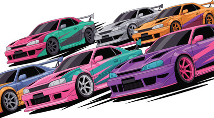 Colorful JDM drift cars vector illustration with modified Japanese sports coupes isolated on white background © Md