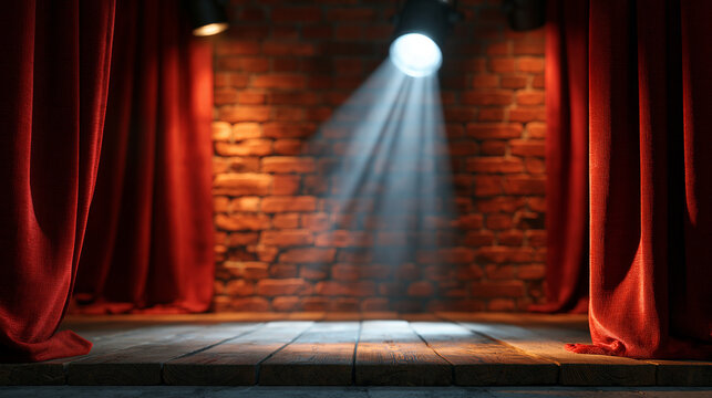Theater stage lit by a spotlight with a wooden floor, brick wall backdrop, and red curtain drapes on both sides ready for a live performance. Spotlight stage wooden, brick wall