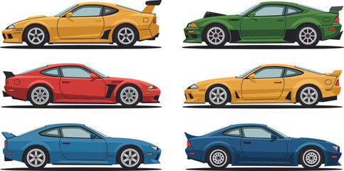 Flat Japanese JDM drift car vector set with modified sports coupe designs isolated on white background © Md